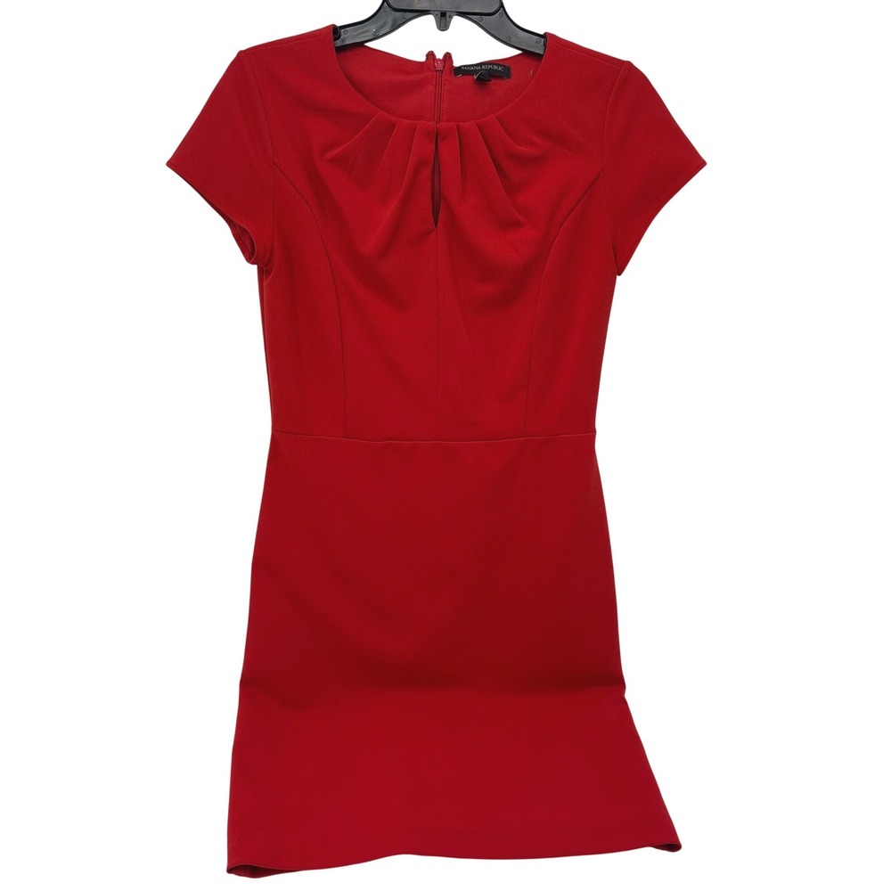 Banana Republic Womens Red Pleated Keyhole Sheath Dress Short Sleeve Size 2